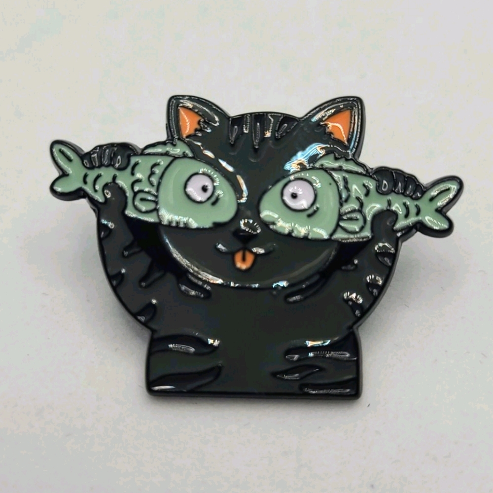 Pin: Silly Cat with Fish enamel pin